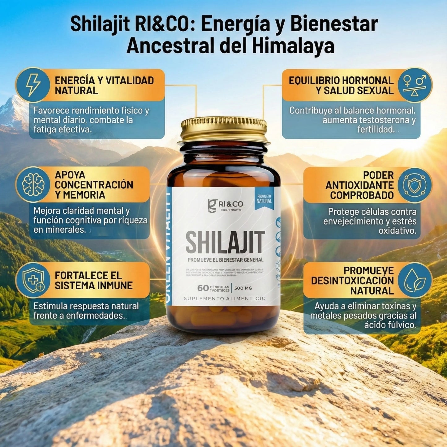 Frasco de Shilajit RI&CO sobre fondo de montaña con beneficios destacados como energía, memoria e inmunidad.