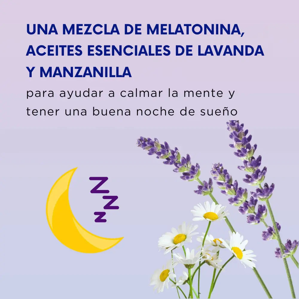 El spray para dormir con melatonina, lavanda y manzanilla favorece la relajación y el sueño reparador en un ambiente relajante.