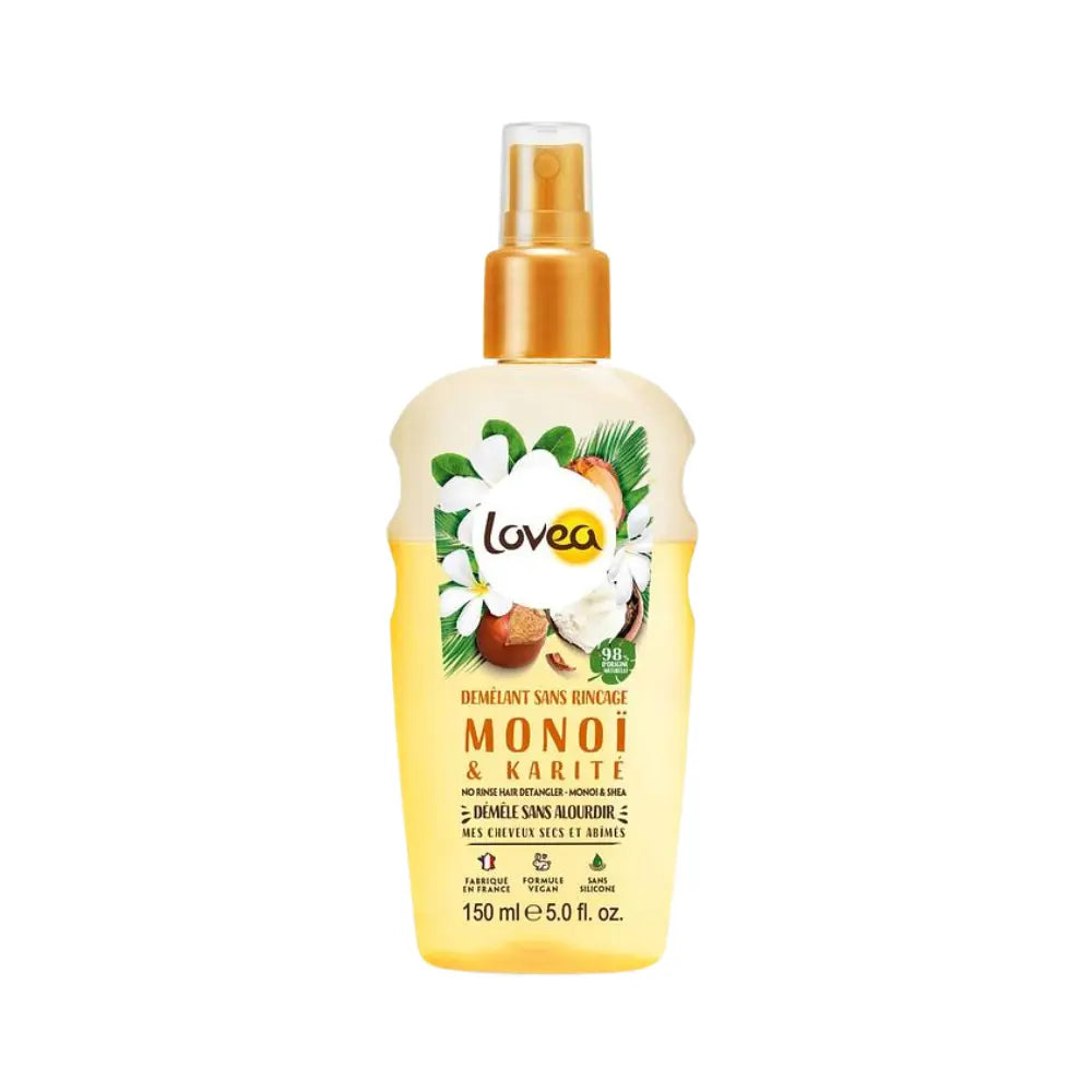 Desenredante sin enjuague Lovea Monoi & Karité en envase spray de 150 ml, fondo blanco, fórmula vegana