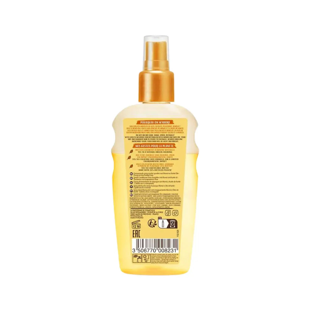 Foto trasera del spray Lovea Monoi & Karité 150 ml mostrando ingredientes e información ecológica del envase