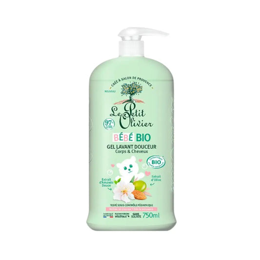 Gel lavant Le Petit Olivier Bébé Bio para cuerpo y cabello, frasco de 750 ml con dosificador y diseño infantil