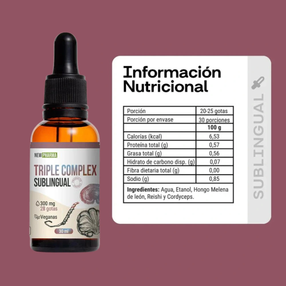 Información nutricional Triple Complex Sublingual NewPharma ingredientes melena de león reishi cordyceps 30ml