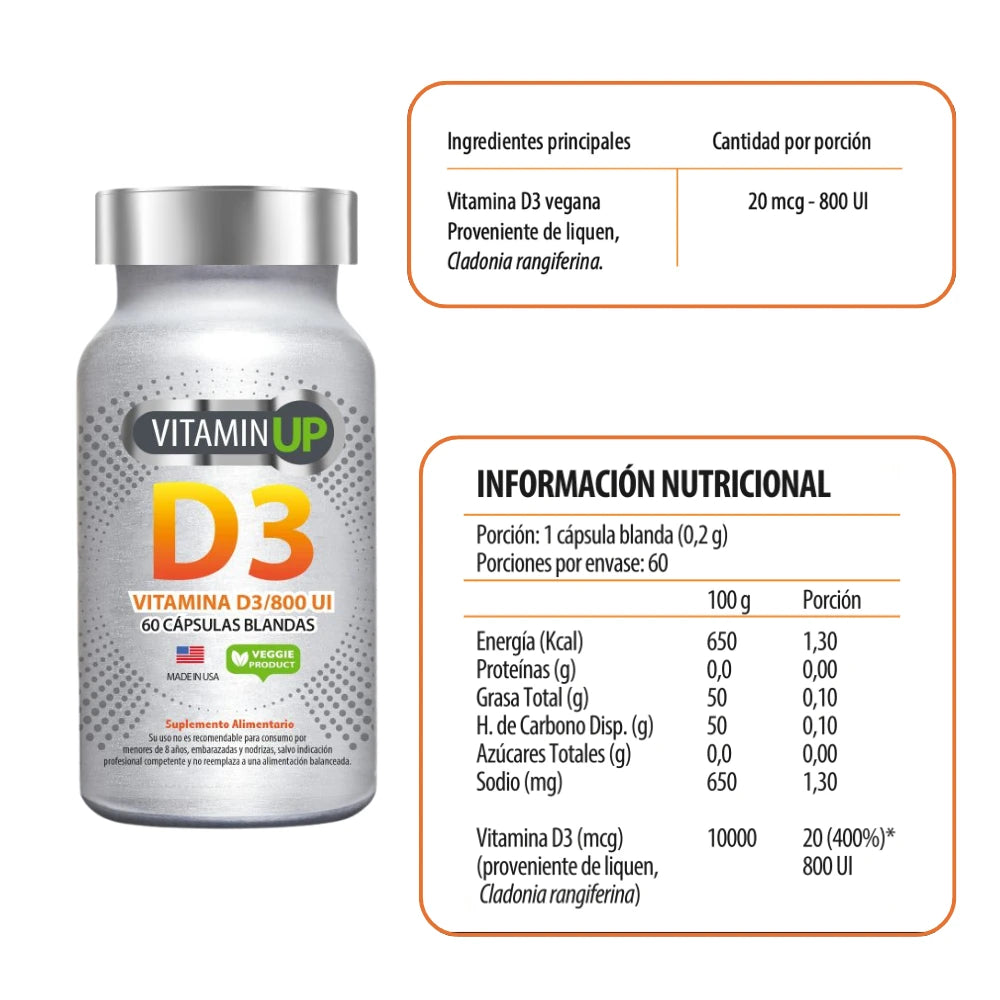 Información nutricional Vitamina D3 800 UI Vitamin UP vegana 20mcg por porción proveniente de liquen
