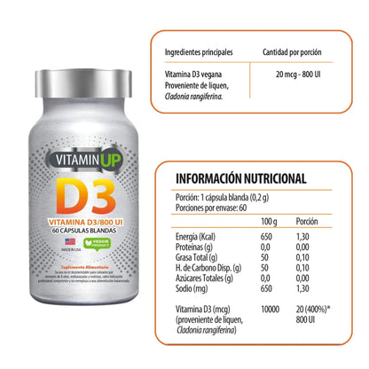 Información nutricional Vitamina D3 800 UI Vitamin UP vegana 20mcg por porción proveniente de liquen