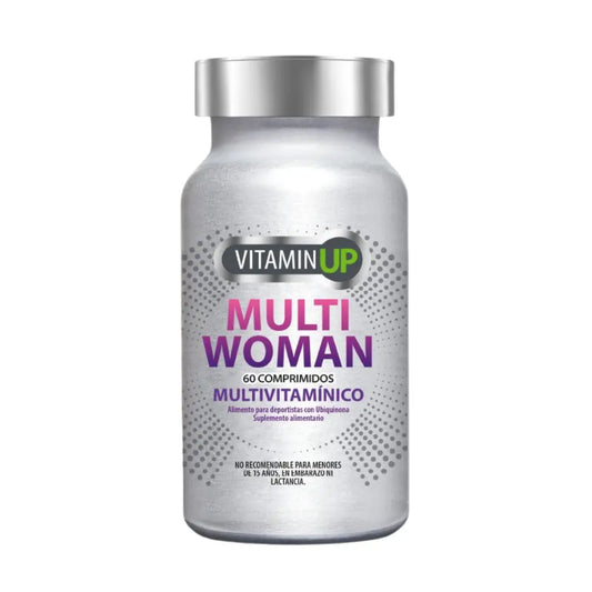 Frasco plateado de suplemento Vitamin UP Multi Woman con 60 comprimidos multivitamínicos. Fórmula diseñada para mujeres, con vitaminas, minerales y ubiquinona para apoyo integral de la salud femenina.