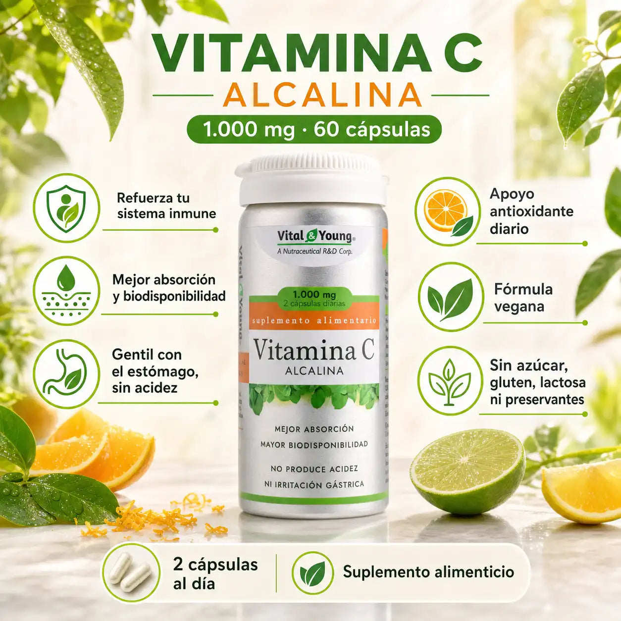 Infografía Vitamina C Alcalina Vital&Young 1000mg, 60 cápsulas, sin acidez gástrica, vegana