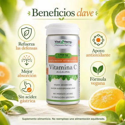 Infografía beneficios clave Vitamina C Alcalina Vital&Young: defensas, antioxidante, sin acidez, vegana
