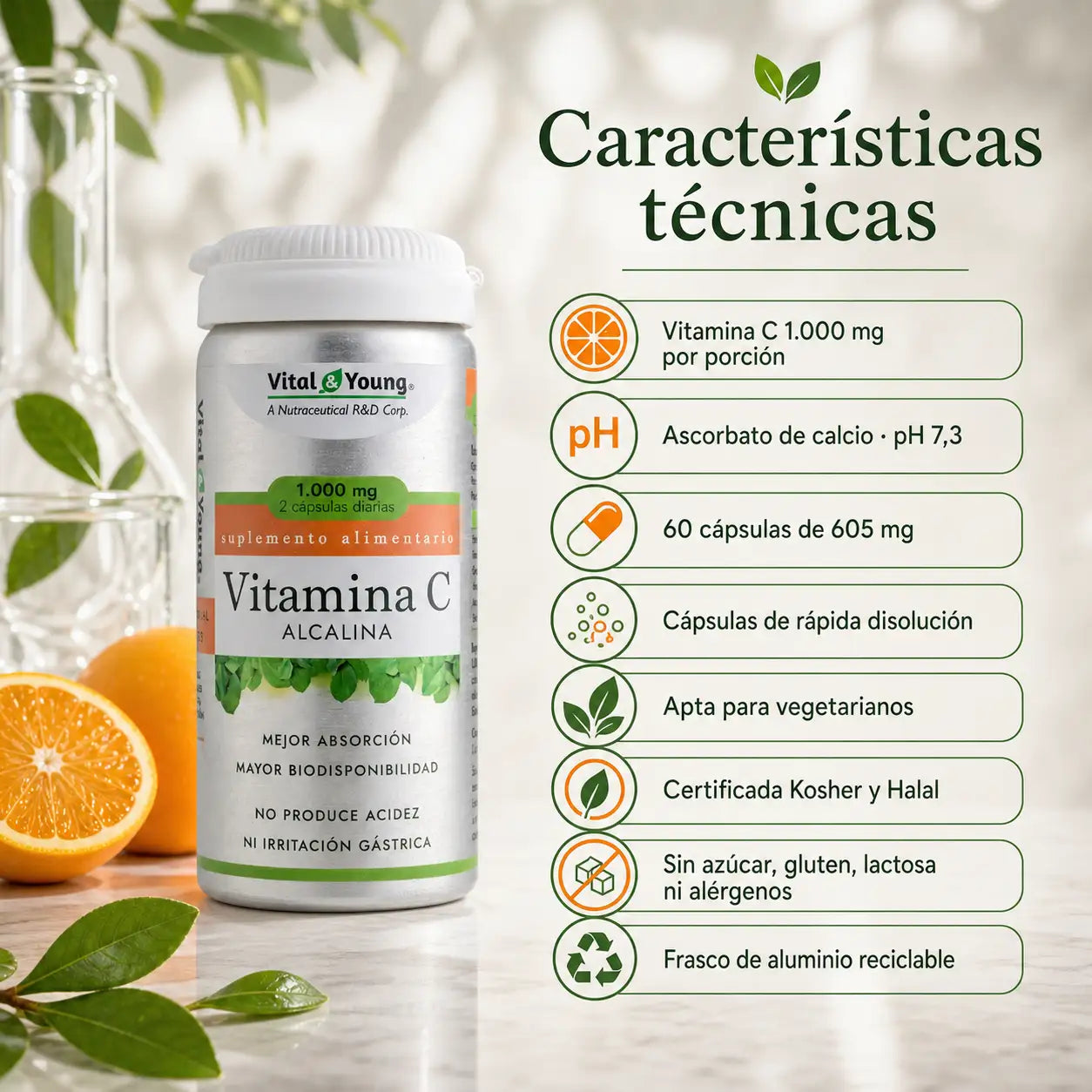 Infografía características técnicas Vitamina C Alcalina Vital&Young: 1000mg, pH 7,3, kosher, halal