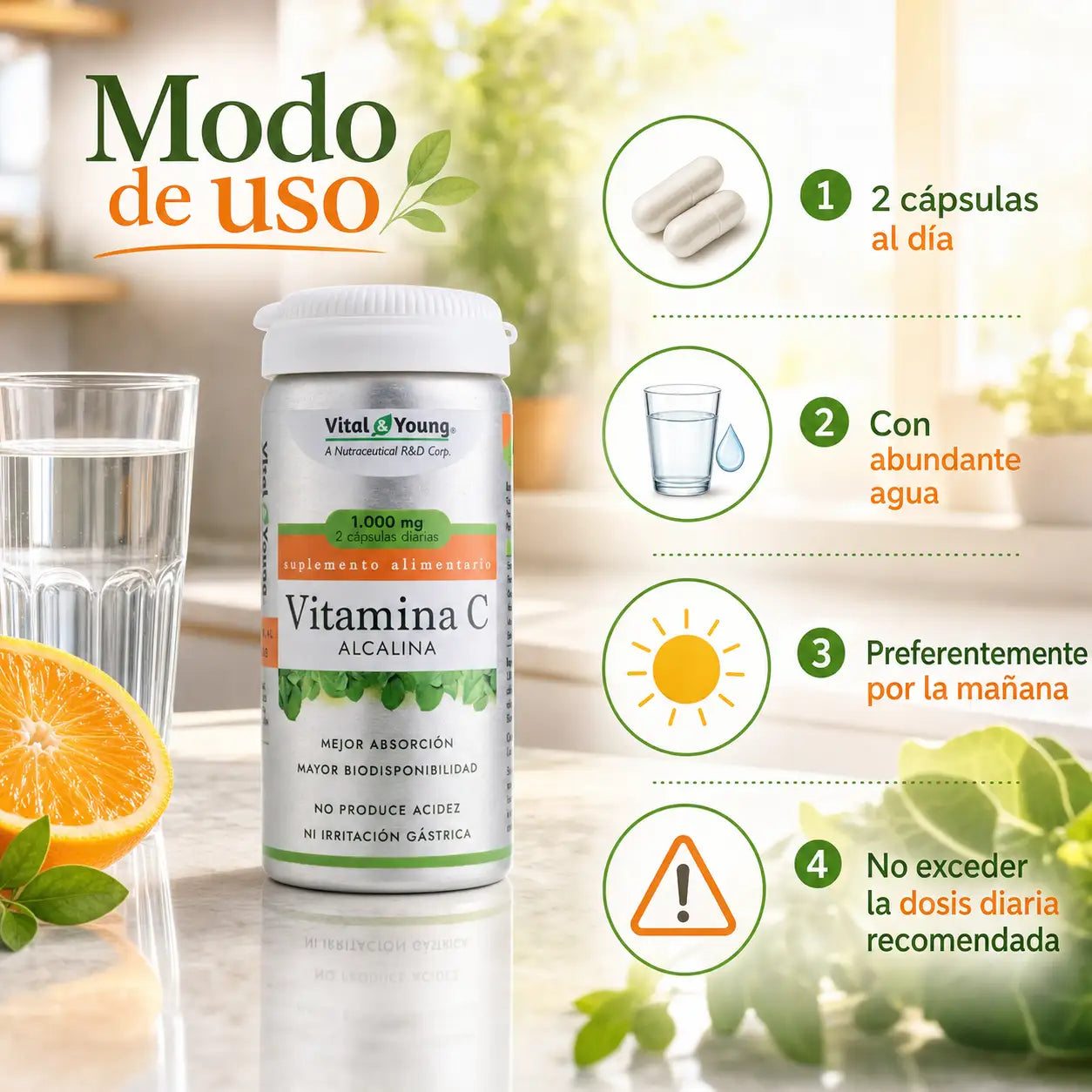 Infografía modo de uso Vitamina C Alcalina Vital&Young: 2 cápsulas al día con agua, por la mañana