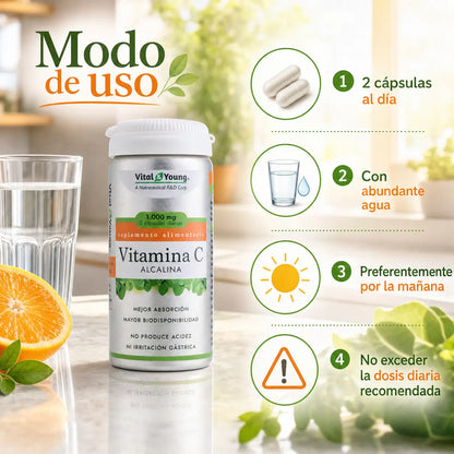 Infografía modo de uso Vitamina C Alcalina Vital&Young: 2 cápsulas al día con agua, por la mañana