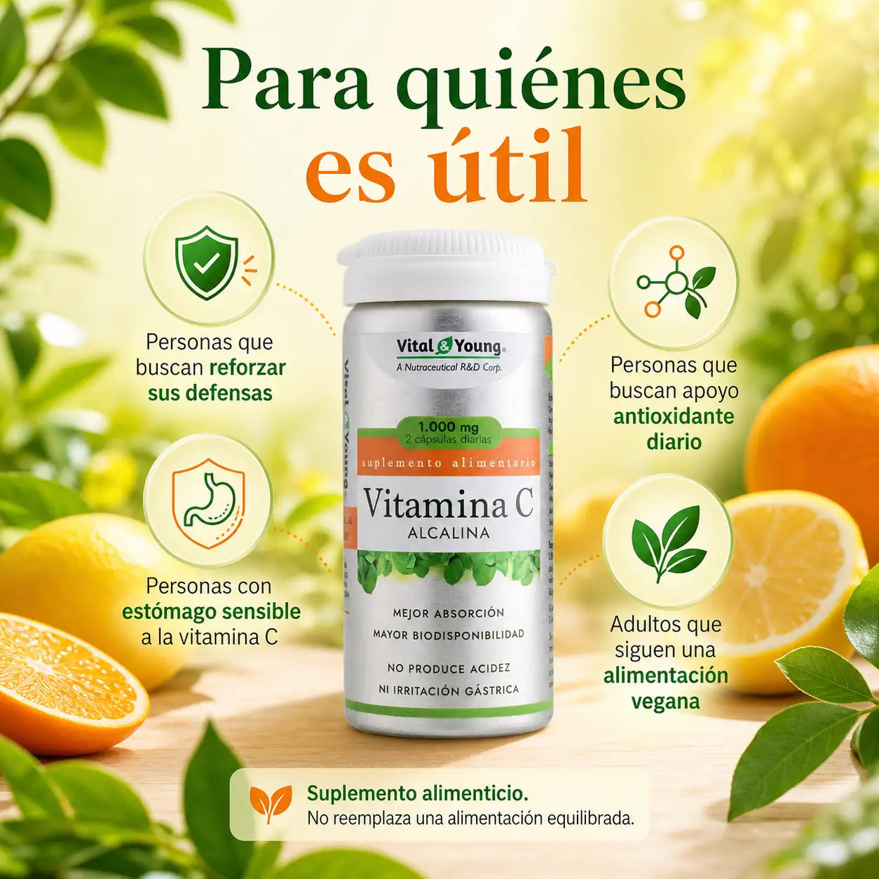 Infografía para quién es útil Vitamina C Alcalina Vital&Young: defensas, antioxidante, estómago sensible
