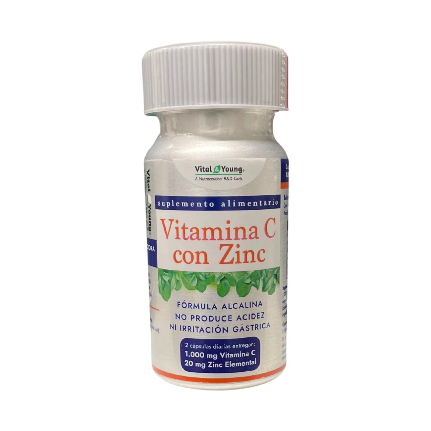 Frasco del suplemento alimentario Vital Young Vitamina C con Zinc. Contiene fórmula alcalina que no produce acidez ni irritación gástrica. Indica que 2 cápsulas diarias aportan 1.000 mg de vitamina C y 20 mg de zinc elemental. Etiqueta en blanco con detalles en azul y rojo.