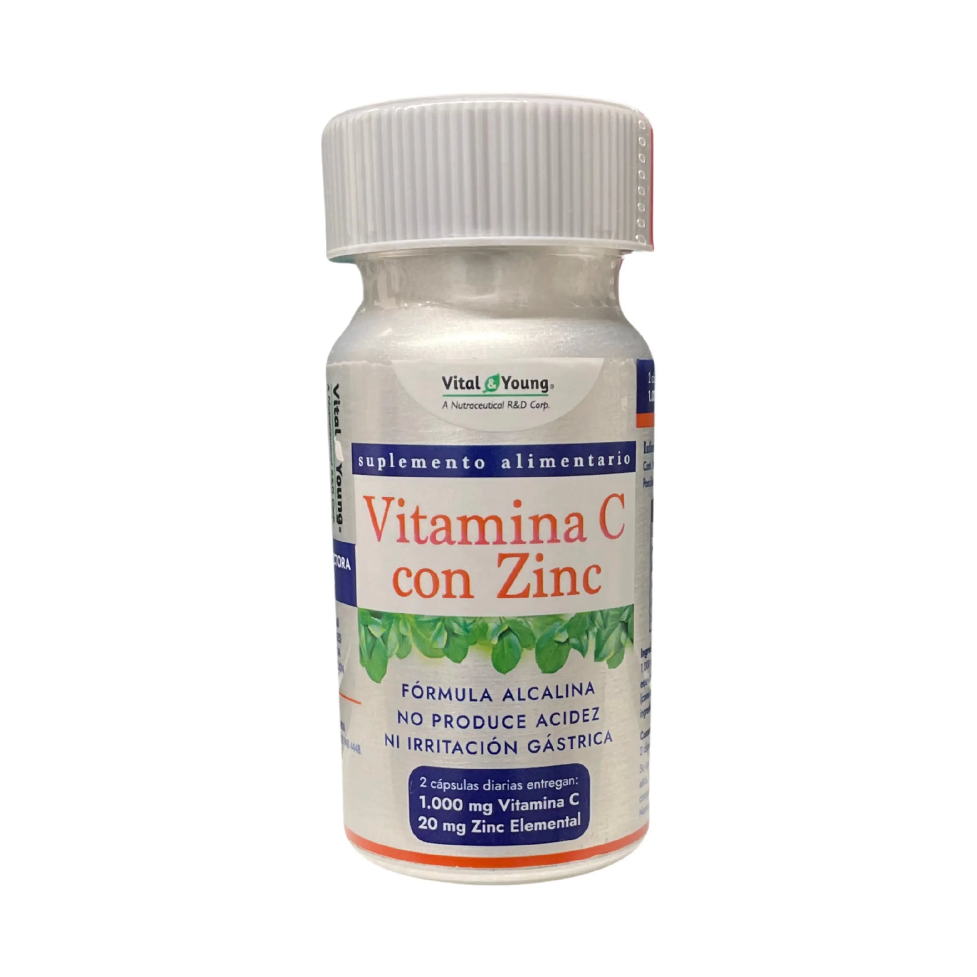 Frasco del suplemento alimentario Vital Young Vitamina C con Zinc. Contiene fórmula alcalina que no produce acidez ni irritación gástrica. Indica que 2 cápsulas diarias aportan 1.000 mg de vitamina C y 20 mg de zinc elemental. Etiqueta en blanco con detalles en azul y rojo.