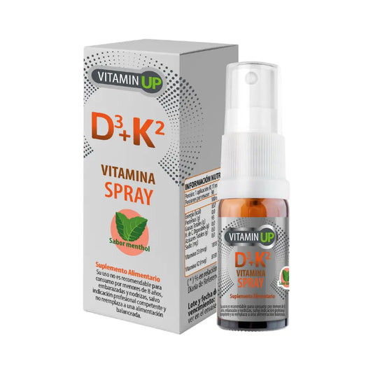 Frasco y caja del suplemento alimentario en spray “Vitamin UP D3 + K2”, con sabor menthol. Formato en aerosol con 100 porciones por envase. Diseñado para apoyar la salud ósea y cardiovascular con vitaminas D3 y K2.
