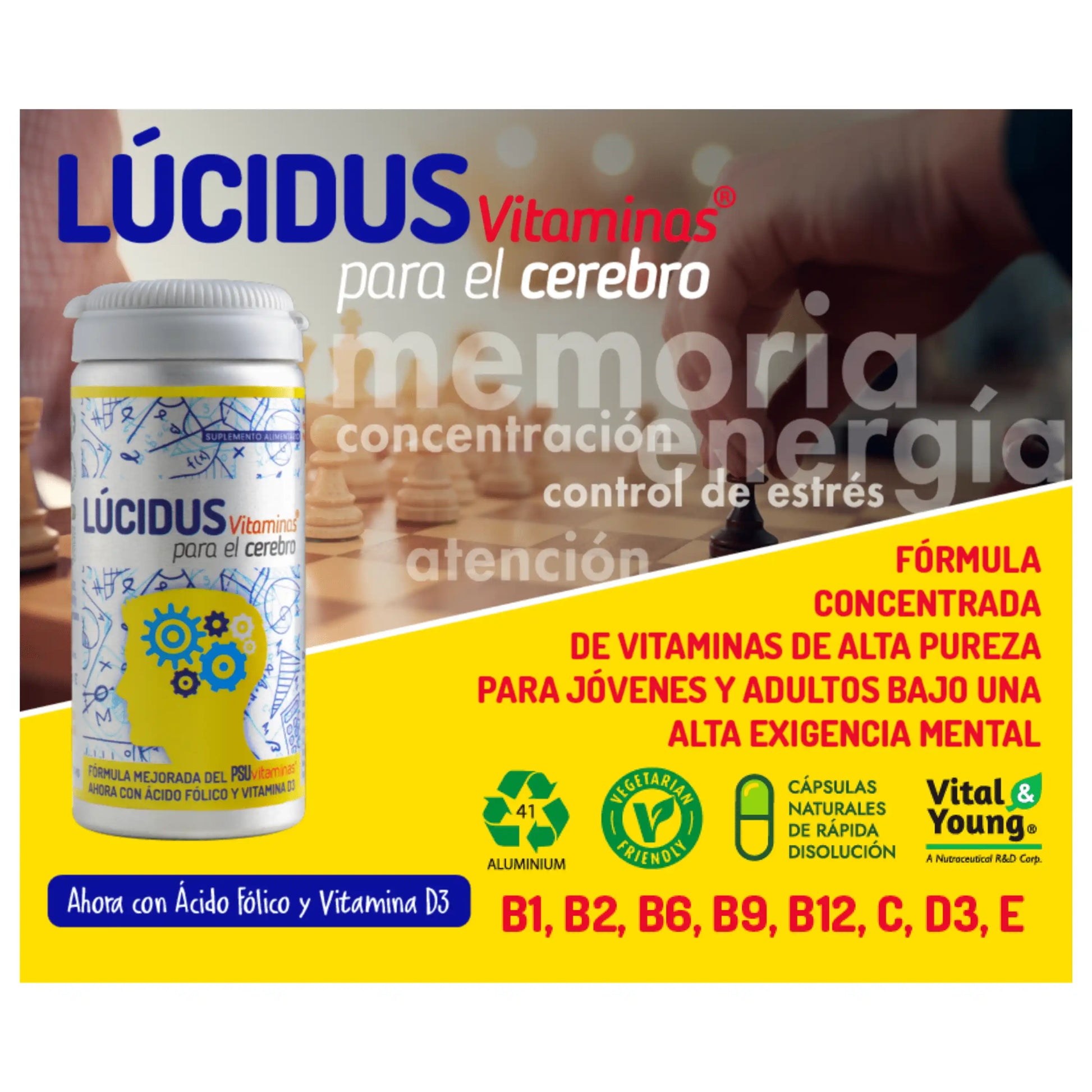 Infografía promocional de Lúcidus Vitaminas, resaltando su fórmula de alta pureza para mejorar la memoria, concentración y reducir el estrés. Fondo con imagen de ajedrez.