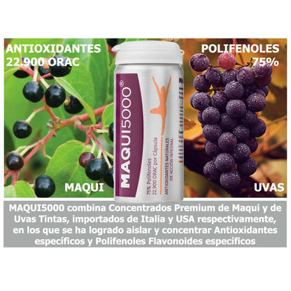 MAQUI5000 con extractos de maqui y uvas tintas, resaltando su alto contenido en antioxidantes y polifenoles flavonoides.