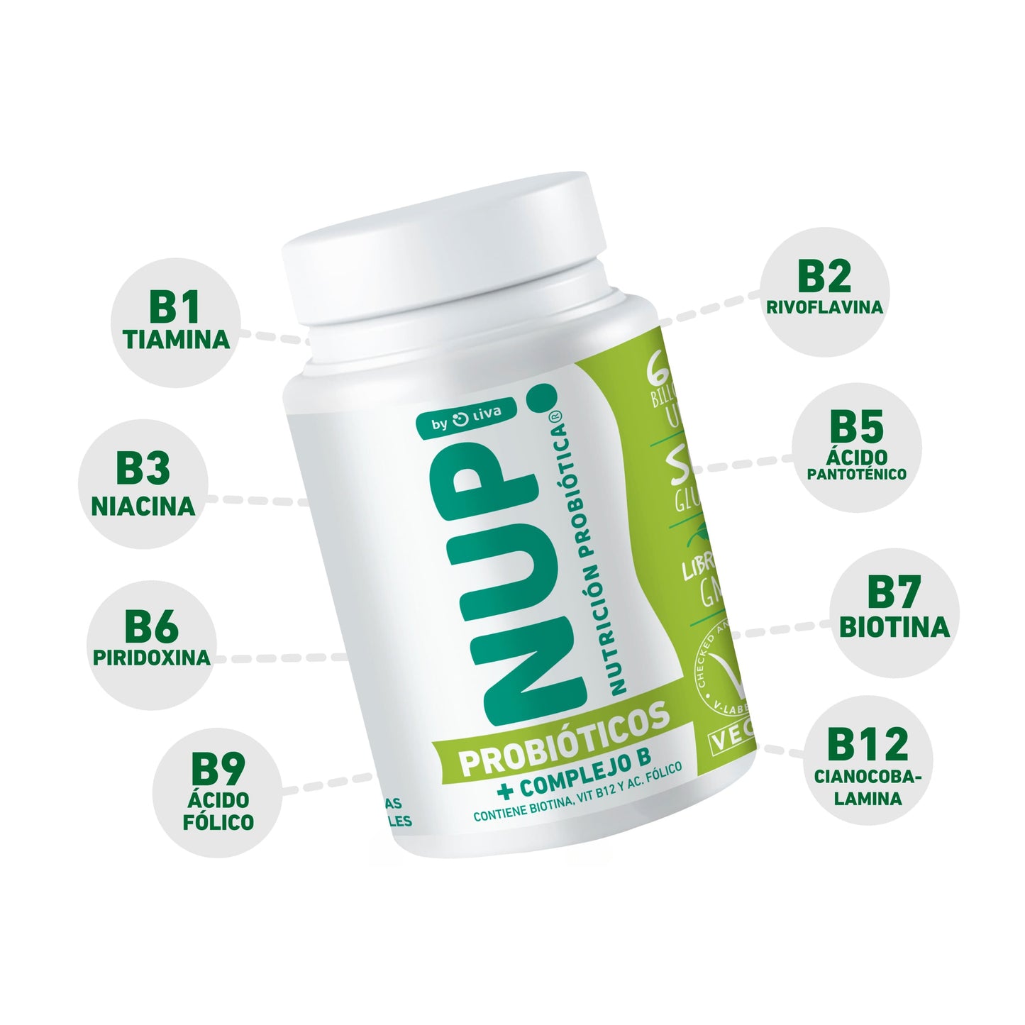 Suplemento NUP! COMPLEX B con una combinación de probióticos y vitaminas esenciales: B1, B2, B3, B5, B6, B7, B9 y B12. Contiene biotina, ácido fólico y cianocobalamina.