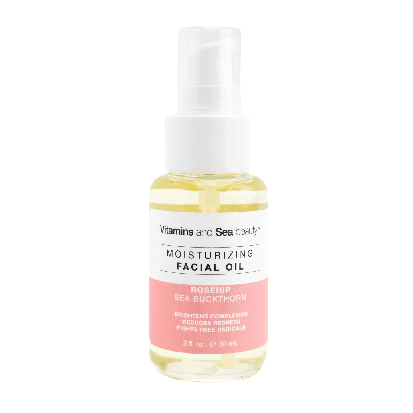 Aceite facial hidratante con rosa mosqueta y espino amarillo en un frasco transparente, que mejora la luminosidad de la piel y reduce las rojeces.