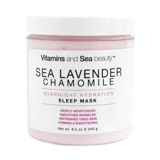 Mascarilla para dormir de Camomila y Lavanda Marina en tarro, que proporciona una hidratación profunda y mejora la textura de la piel durante la noche.
